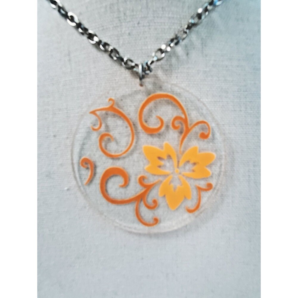 Etched Orange Floral Round Textured Disk Pendant Necklace Silvertone Chain NWOT